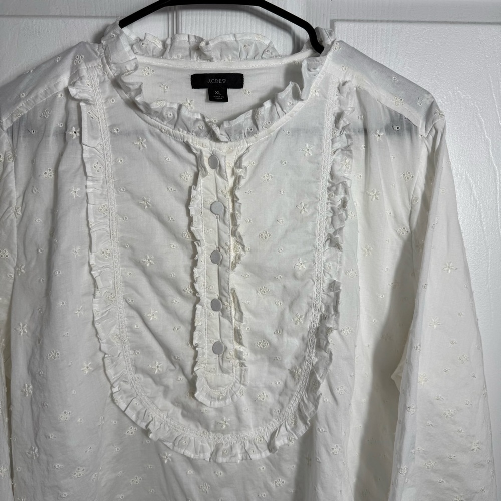 J.Crew Eyelet Ruffle Blouse XL White Cotton Romantic Cottagecore Boho Feminine - Picture 4 of 12